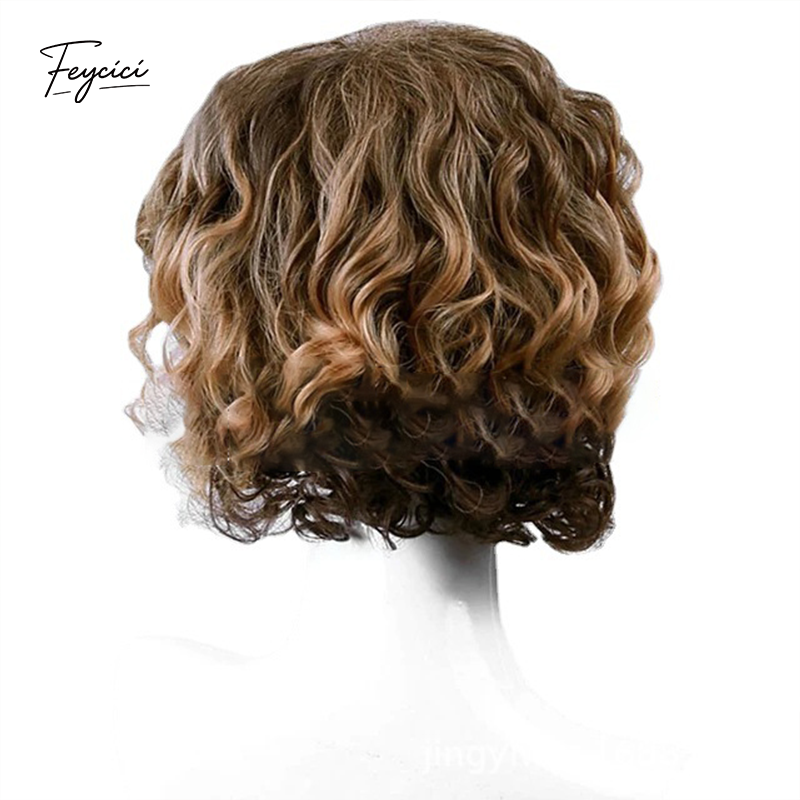 Men's Short Wavy Blonde-Brown Ombre Wig – Layered Synthetic Rose Net Wig - Feycici