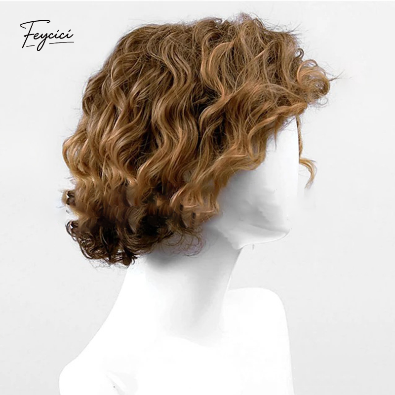 Men's Short Wavy Blonde-Brown Ombre Wig – Layered Synthetic Rose Net Wig - Feycici