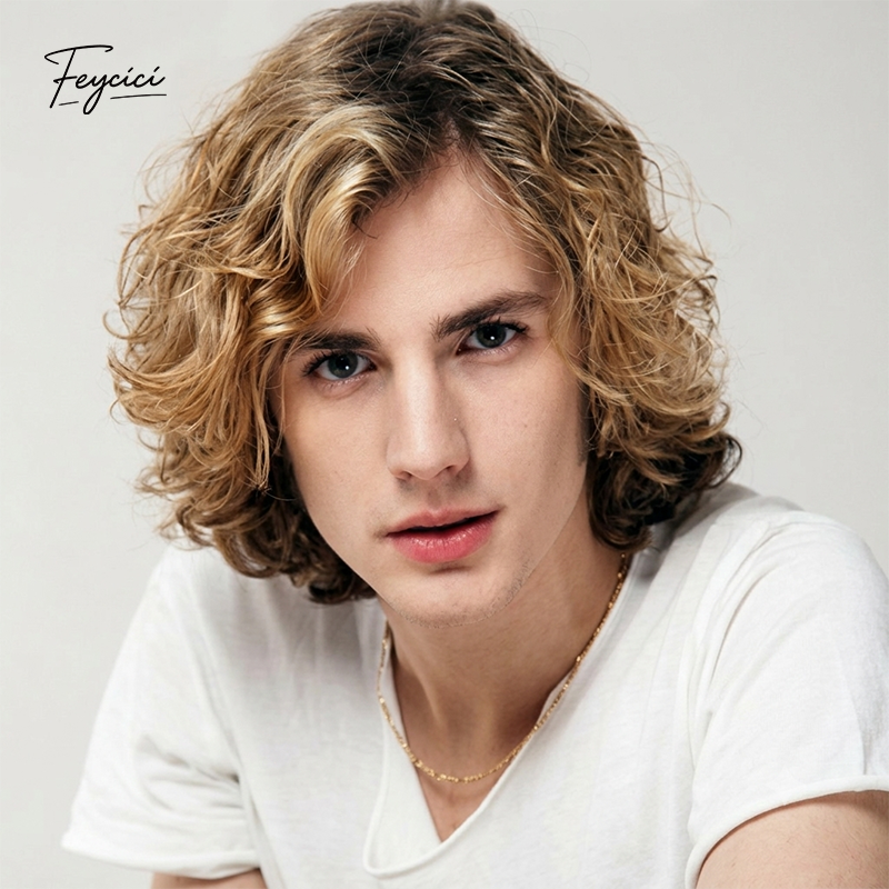 Men's Short Wavy Blonde-Brown Ombre Wig – Layered Synthetic Rose Net Wig - Feycici