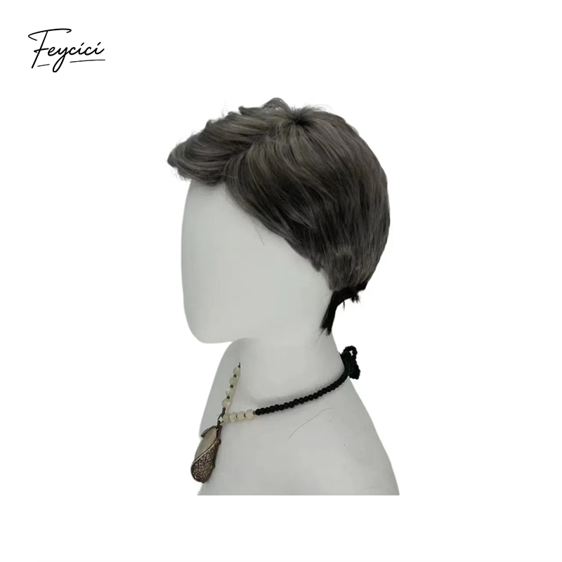 Men's Silver Grey Short Layered Wig – Side-Parted Synthetic Rose Net Wig