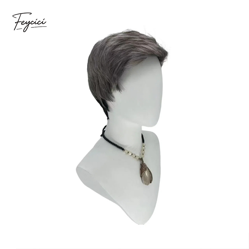 Men's Silver Grey Short Layered Wig – Side-Parted Synthetic Rose Net Wig