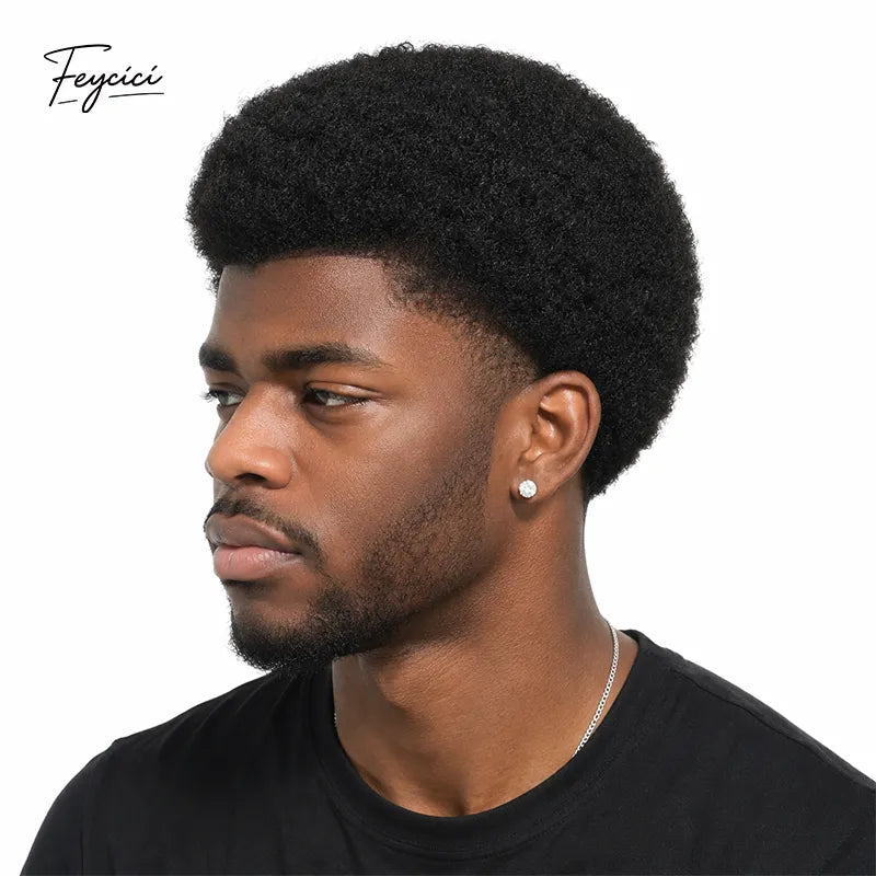 Men's full French lace Afro toupee with premium human hair, wave and crimp system, by Feycici, designed for natural-looking hair coverage.