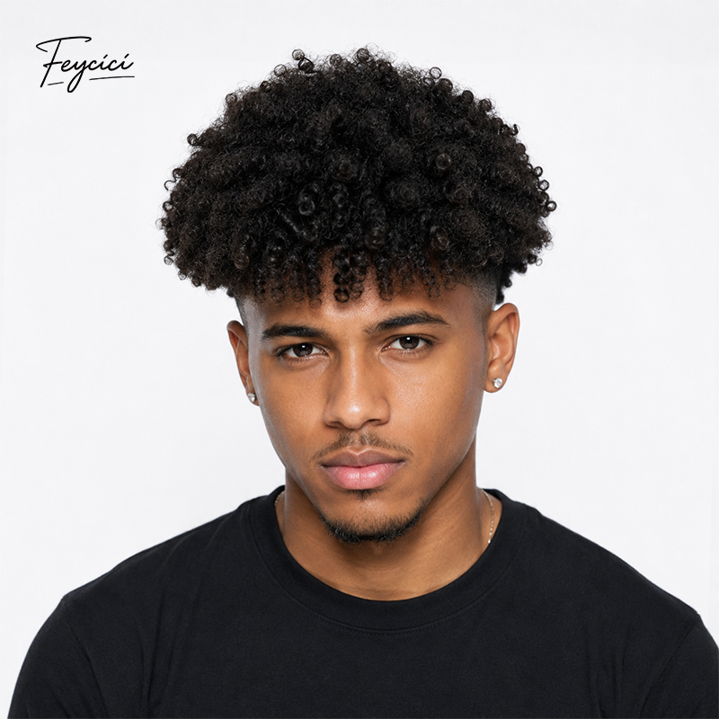 Mens Afro Curl Toupee - 8"x10" Full PU Skin Base Human Hair System