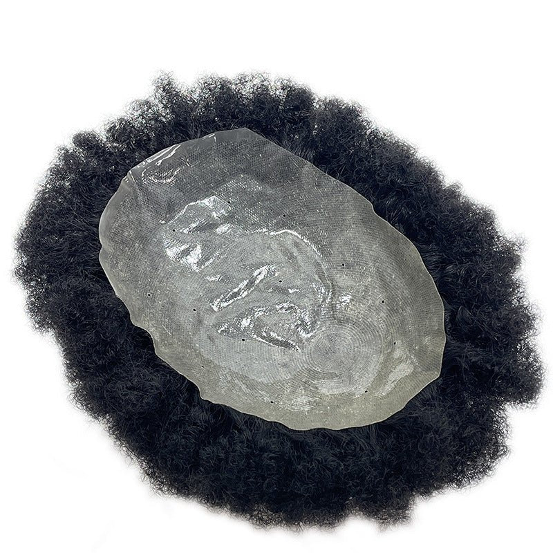 Mens Afro Kinky Curly Toupee - Full PU Bio-Skin Base V-Looped Human Hair Replacement System