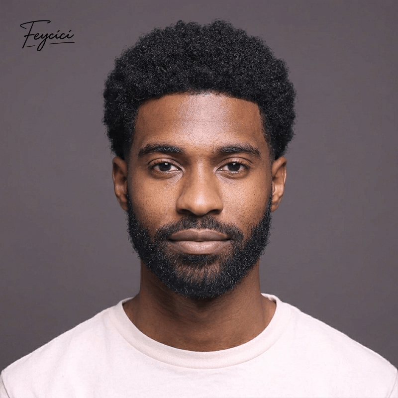Mens Afro Kinky Curly Toupee - Full PU Bio-Skin Base V-Looped Human Hair Replacement System