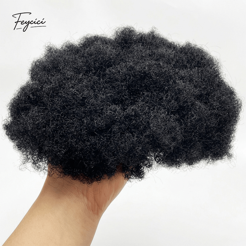 Mens Afro Kinky Curly Toupee - Full PU Bio-Skin Base V-Looped Human Hair Replacement System
