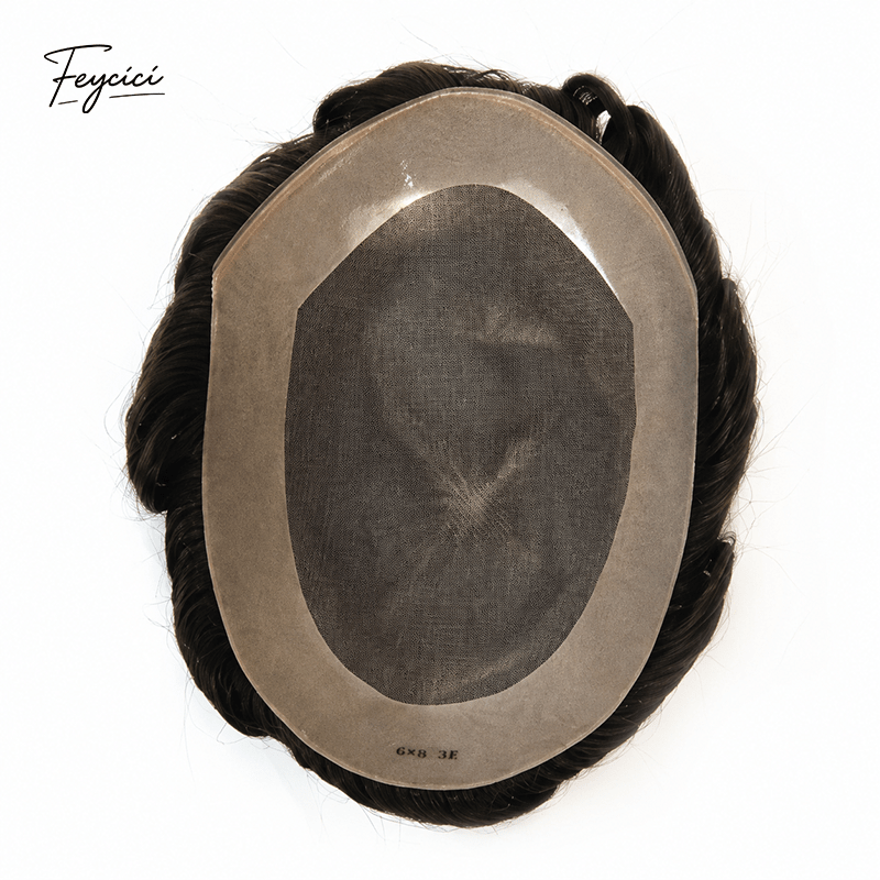 Mens Human Hair Toupee - Durable Fine MONO Center with NPU Perimeter Replacement System