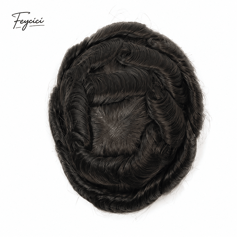 Mens Human Hair Toupee - Durable Fine MONO Center with NPU Perimeter Replacement System