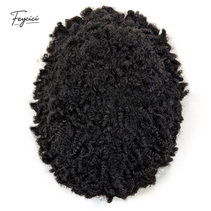 Mens Multi-Texture Wool Curl Toupee - Full PU Skin Base Hair System with Reverse Split Knot