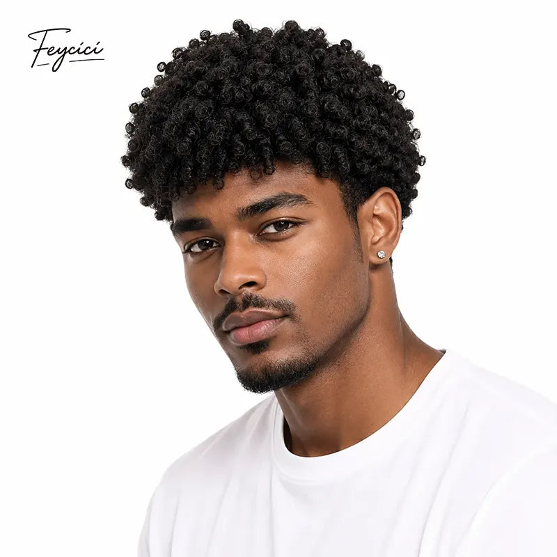 Men's multi-texture wool curl toupee with full PU skin base and reverse split knot, designed for natural hair appearance.