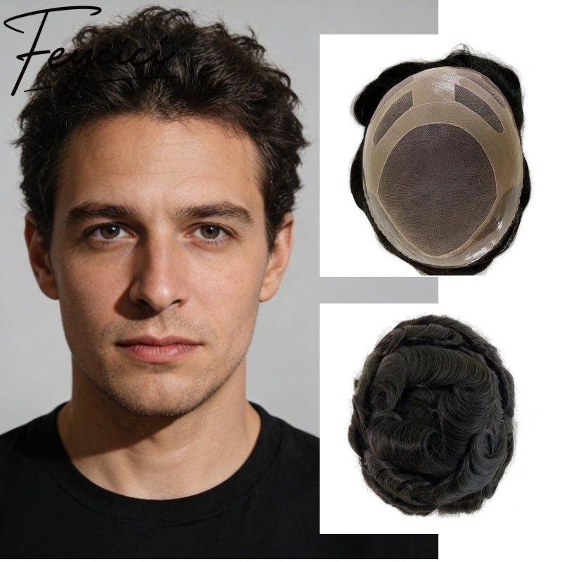 Natural Wave MONO Top With PU Mens Wigs Baldness-Natural Hair Piece-Free Style Hair System Toupee