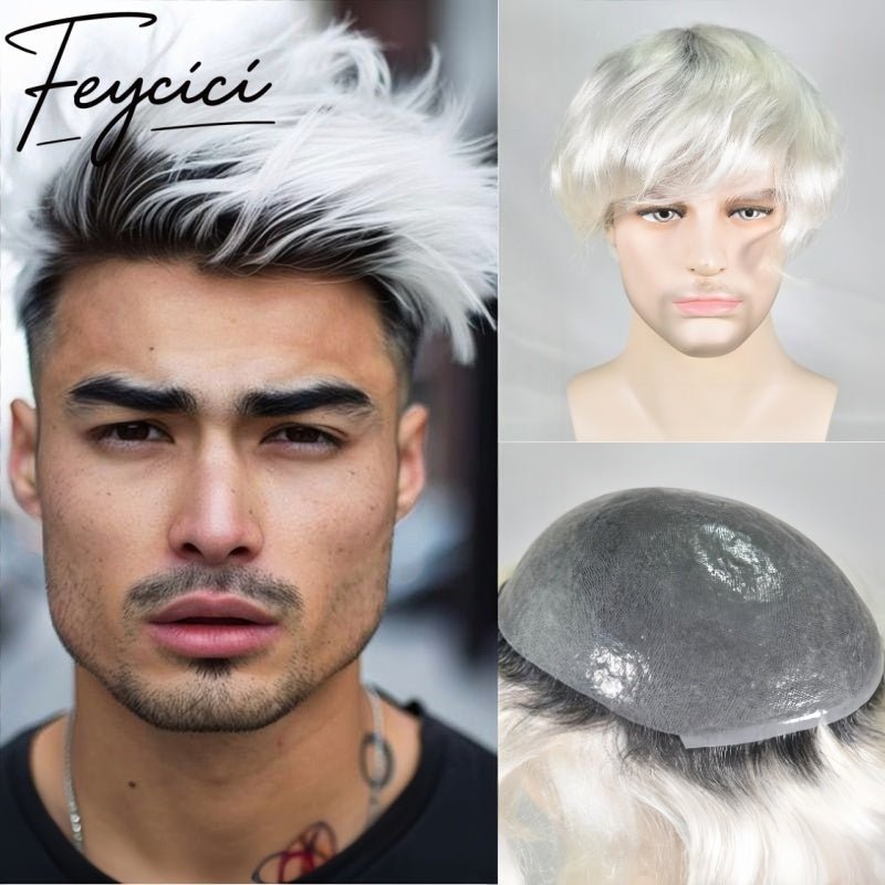 PU Hair System 0.08mm-Natural Hair Piece- Invisible Hairline Toupee-Black With White