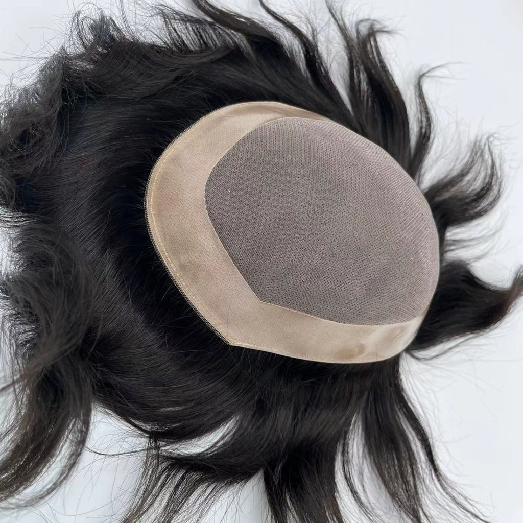 Mens Human Hair Toupee - Durable Fine MONO Center with NPU Perimeter Replacement System