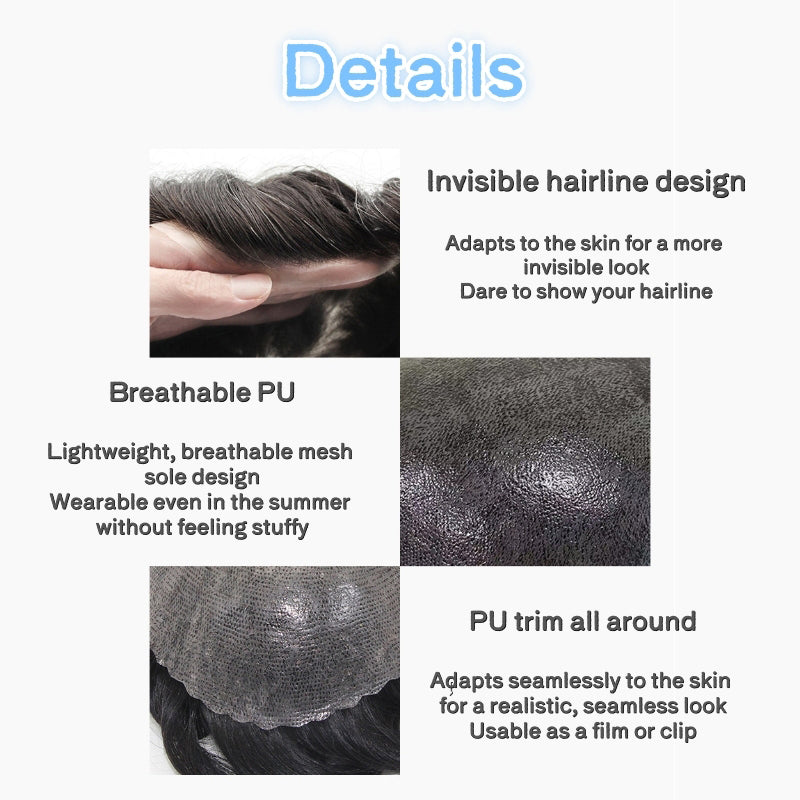 PU Frontal Mens Wigs Baldness-Black Natural Hair Piece-Free Style Hair System-Hair Patches3